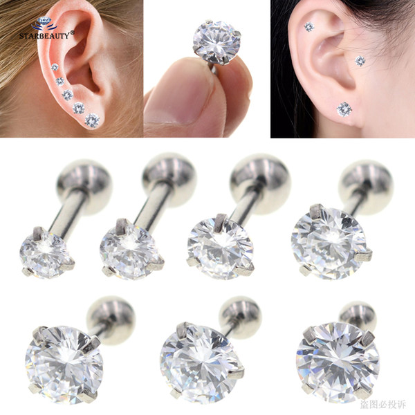 2pcs/lot 16G 2~8mm Sparkling Bijoux Stud Earrings Tragus Piercing Helix Piercing Clear Zircon Ear Jewelry Pircing Suit any Age