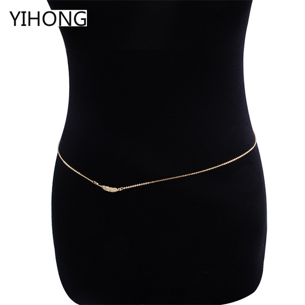 Simple Gold Color Body Belly Waist Chain with Leaf Pendant Bikini Beach Harness Body Chain for Fashion Women Jewelry