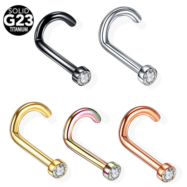 1PC G23 Titanium Crystal Gem Nose Stud Piercing Rose Gold Nose Screw Nazir Piercing Nostril Earring Jewelry 18G 20G