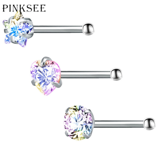 PINKSEE 3PCS Stainless Steel Nose Studs Fake Gothic Piercing Heart Zircon Rhinestone Puncture Body Jewelry For Women