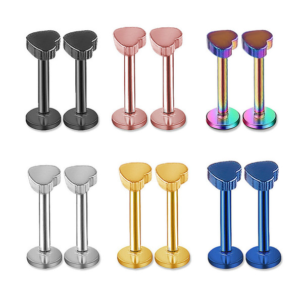 12PCS 316L Surgical Steel Heart Labrets Stud Ring Ear Tragus Cartilage Internally thread Lip Ring Earring Body Piercing Jewelry