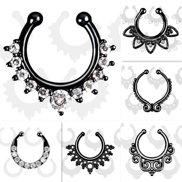 Wholesale-Top quality Fake septum Piercing nose ring Black Hoop nose For Women faux clip Rings clicker non Body Jewelry