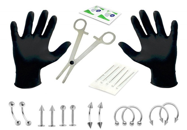 1 Set Professional Piercing Tool Kit Ear Body Piercing Jewelry Kit Sterile Belly Body Ring Needle Sets Tools Free DHL G614S