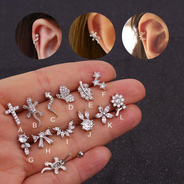 Feelgood New Unique Piercing Jewelry Cz Cartilage Earring Crystal Lizard Gecko Snake Helix Cartilage Tragus Conch Stud