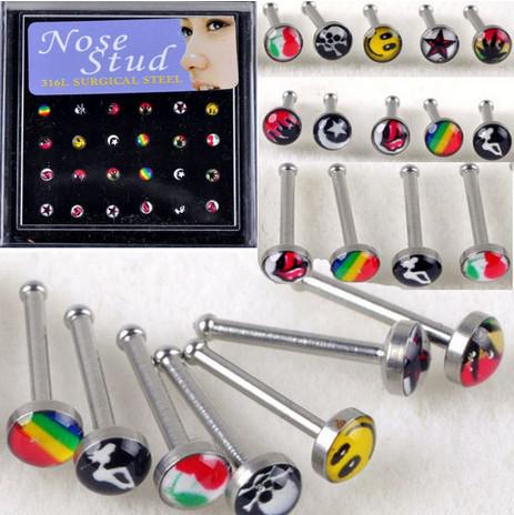 Wholesale-24pcs Wholesale Body Jewelry Nose Ring Piercing Nose Studs With Pad Mixed Style Cheap PrFree Shipping