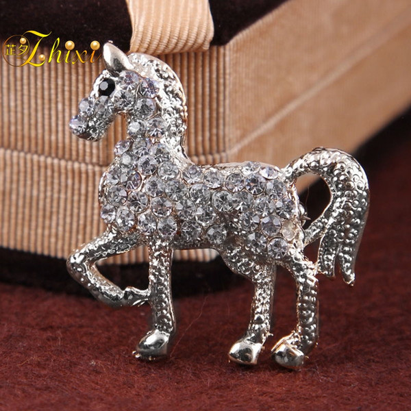 ZHIXI Simple And Stylish Brooches For Women Shiny Zircon Jewelry Brooch Pins Fine Jewelry Anniversary Gift Horse B145