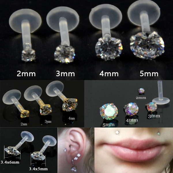 1pc Gold Silver Top with Prong Set Zircon Ear Tragus Cartilage Flexible Bioplasti Labret Monroe Lip Stud Ring Piercing Jewelry