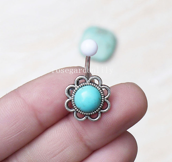 2pcs Flower pearl belly button ring, Turquoise Navel Piercing, friendship belly rings, Belly Button Piercing, Belly jewelry