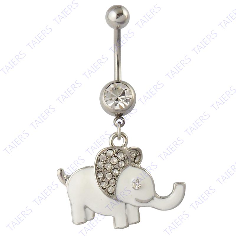 Wholesale-Dangle Elephant belly rings navel bar fashion body piercing jewelry 14G Surgical Steel TAIERS