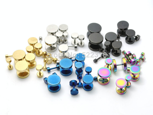 Wholesale-200pcs mix color size lots stainless steel round fake ear plugs steel black gold blue rainbow color cheaters studs earrings