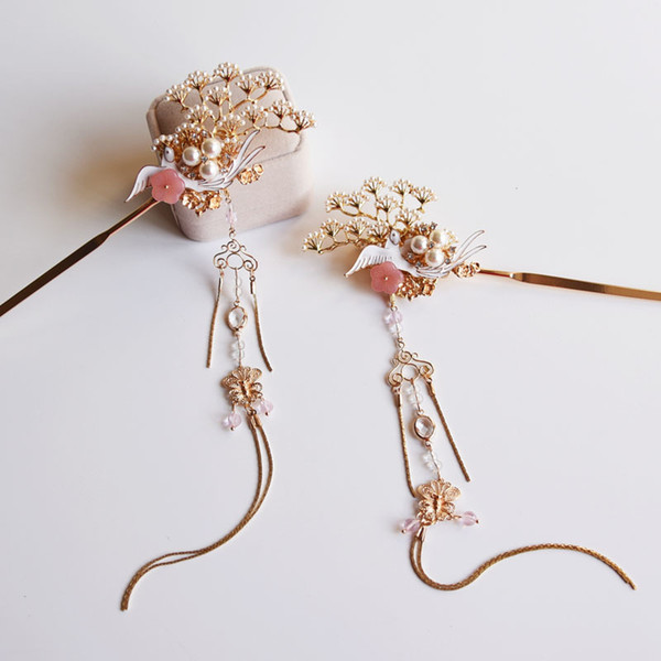 Handmade Hair Sticks Steps Han Chinese Accessories Vintage Classic Geese Flowers Pearl Tiara Classic Hair Accessories Jewelry