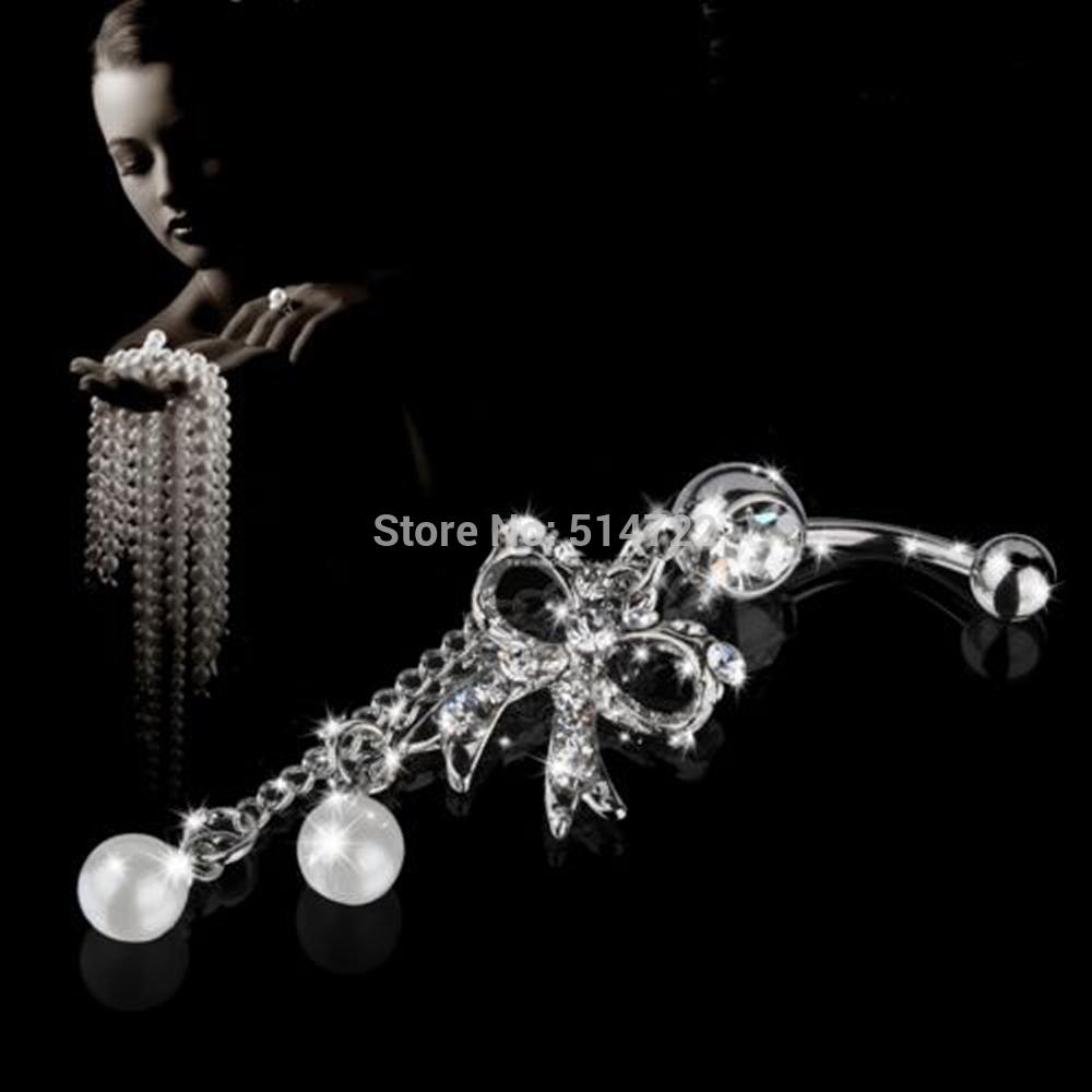 Wholesale-1pcs Newest Rhinestone Butterfly Bow Dangle Navel Belly Bar Button Ring Body Piercing ring Free Shipping