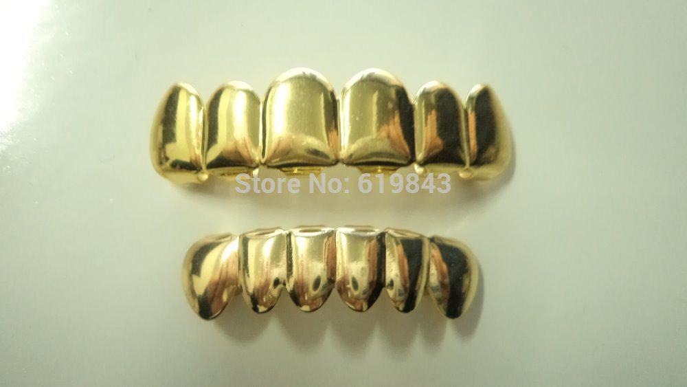 Wholesale-REAL SHINY!! REAL GOLD PLATED HIPHOP TEETH GRILLZ TOP & BOTTOM GRILL SET