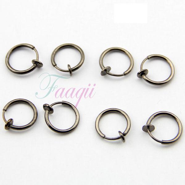 Wholesale-Clip On Fake Piercings 8 Rings Ear Nose Lip Fancy Dress Hoop Earrings Black 13mm JW154