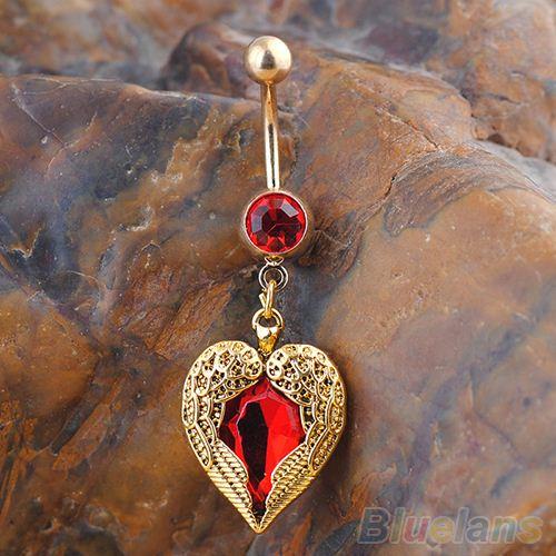 Golden Love Heart Dangle Wing Body Piercing Rhinestone Navel Belly Button Ring 4K3Y