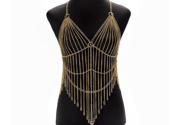 Silver and Cooper Long Tassels Beach Bikini For Sexy Ladies with Adjustable Chains Body Jewelry for Bras Straps and Non-Allergy Materials
