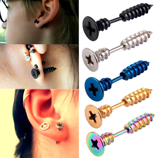 Fashion Men Women Unisex Stainless Steel Whole Screw Stud Earring Punk Top Quality Ear Tragus Fake Ear Plugs