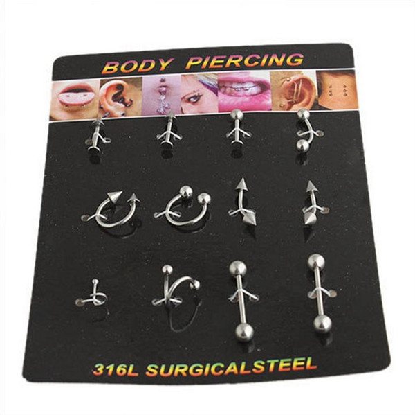 12pcs/lot Surgical Steel Body Piercing Jewelry Nose Ring Bone Stud Nose Ear Tongue Pircing