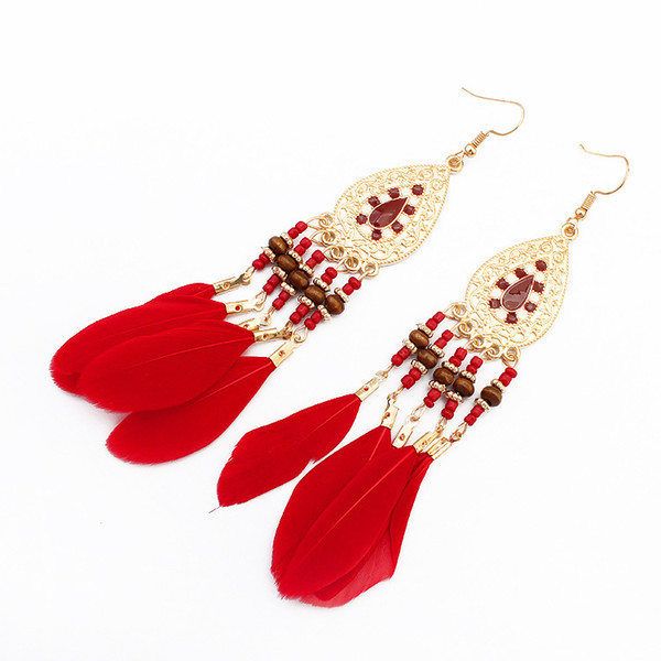 European and American popular jewelry female retro national wind drop Tassel feather earrings long accessories handmade ear ornaments