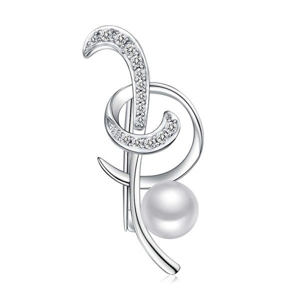 Sinya 925 sterling silver brooches with  Natural pearl Treble notes style Fine gift for women with rotary clip pin backing