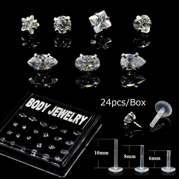 Showlove-24Pcs/Box Surgical Steel Bioplast Different Zircon Labret Ear Tragus Cartilage Earring Lip Ring Piercing Body Jewelry