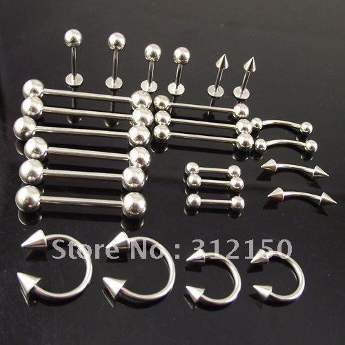 100pcs Surgical Stainless Steel Body Piercing jewelry set Tongue Ring Labret Eyebrow Ring Belly Ring