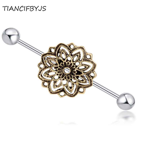 TIANCIFBYJS Stainless Steel 14g Flower Long Industrial Barbell Ear Bar Earring Pircing Fashion Ear Body Piercing Jewelry 20pcs