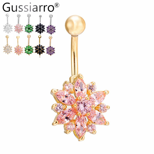 Gussiarro Video display Trendy Flower Navel Belly Button White Gold-color Bar Ring Barbell Clear Crystal Ball Body Piercing Body