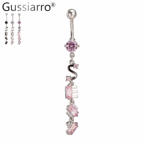 Gussiarro 2019 New Jewelry Belly Button Rings Piercing Pink Clear Cubic Zirconia Letter Shape Body Navel Piercing Gift Box