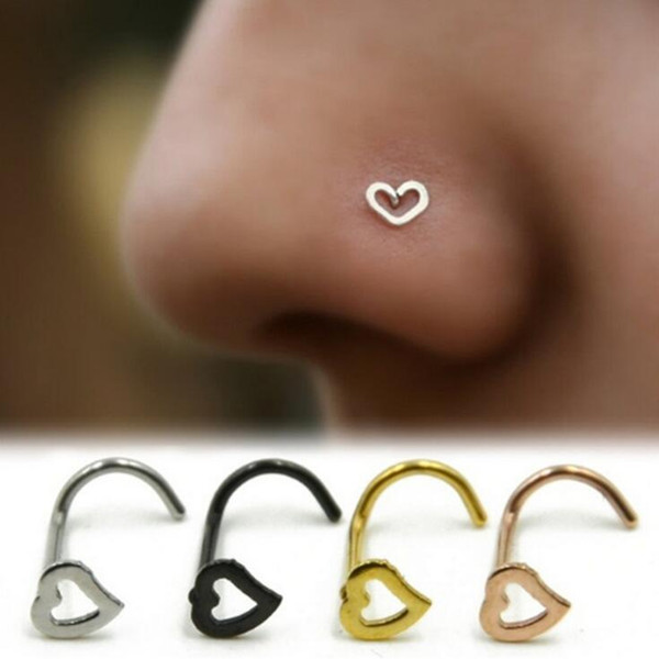 Women Men Popular Love Heart Stainless Steel Curved Nose Nails Nose Studs Body Jewelry 4 Colors