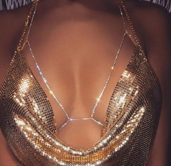 Free Ship 20pcs Silver Gold Sexy Crystal body chain women Rhinestone body bra Harness Summer Beach Bralette Bikini Chain Body Jewelry