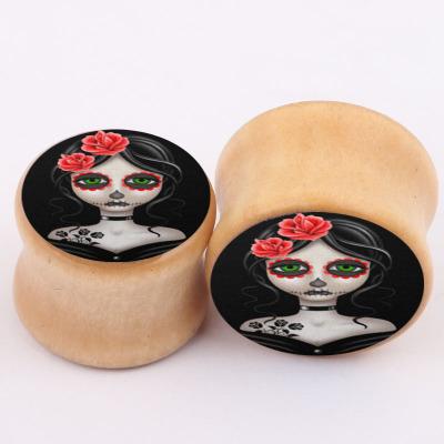 MODRSA 1Pair Wood Ear Plugs and Tunnels Flower Skeleton Girl Logo Ear Gauges Tragus Stretcher Expander Body Piercing Jewelry