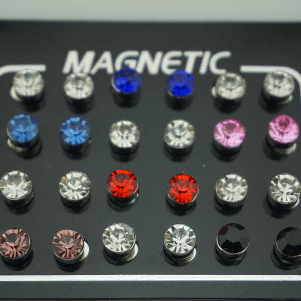 12 Pair/lot 3/4/5/6mm Round Crystal Rhinestone Magnet Stud Earring Puck Womens Mens Magnetic Fake Ear Plug Body Jewelry