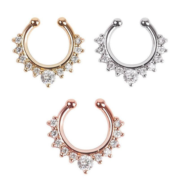 Vintage Fake Nose Ring Faux Piercing Body Jewelry Crystal Fashion Clicker Fake Septum for Women Body Clip Hoop