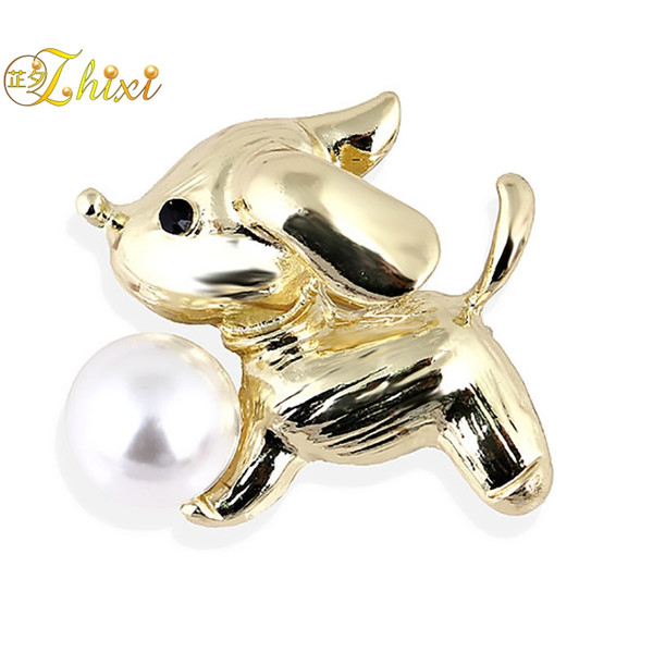 ZHIXI Simple And Stylish Brooch Jewelry 9-10MM Freshwater Pearl Brooch For Women Fine Pearl Jewelry Trendy Party Gift Dog B115