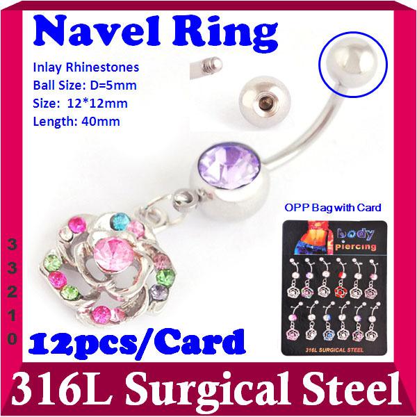 Wholesale-Flower Belly Piercing Jewelry Stainless Steel Boday Jewllery Rhinestone Dangle Rings Navel Rings Bar Rings 12pcs/pack 33210