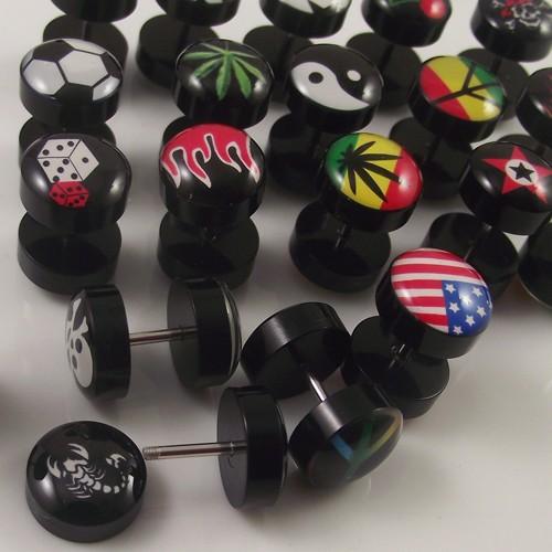 120pcs Free Shipping 20 desins UV LOGO Fake Ear Plug,Body Jewelry Fake Ear Expander Flesh Tunnel With LOGO Barbell Earring