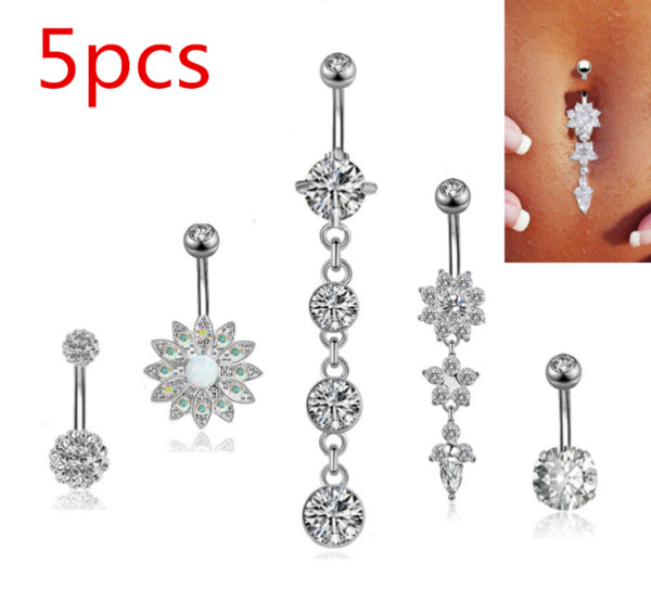 5Pcs Lots Stainless Steel Flower Crystal Rhinestone Navel Belly Button Ring Body Jewelry Set Dangle Body Piercing Jewelry Ring 14G