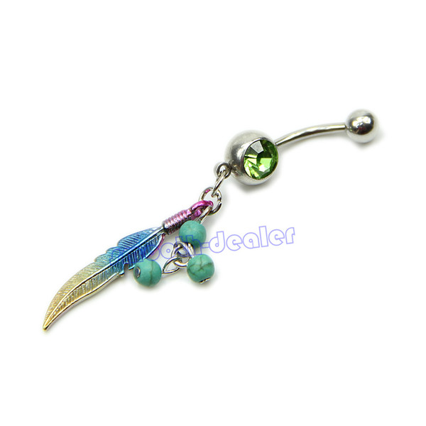 Wholesale-U119 Free Shipping Colorful Feathers Shape Rhinestone Belly Jewellery Ring Body Button Bars