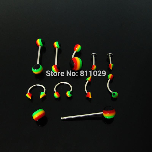 wholesale rasta reggae body jewelry 180pcs mixed styles stainless steel shaft lip labret eyebrow tongue barbell free shipping