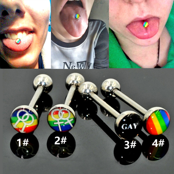 BOG-1PC 316l Surgical Steel Gay Pride Rainbow Flag Logo Tongue Rings Piercing Body jewelry 14G