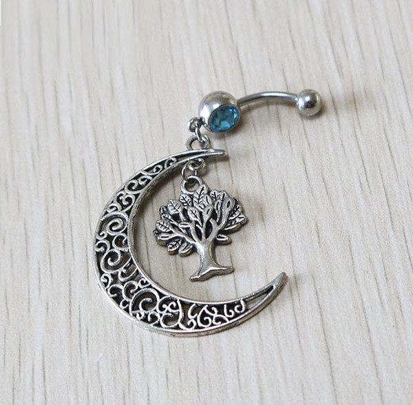 New 2pcs Moon Belly Button Rings, Tree belly button jewelry, Navel jewelry,Dangle Belly Ring 14g(1.6mm)Tree