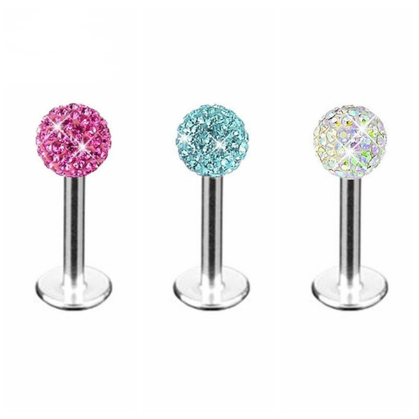 1x4MM Stainless Steel Luxury Crystal Ball Lip Stud Tragus Earring Bar Body Piercing Gift 1.2MM Thickness Promotion Multicolor