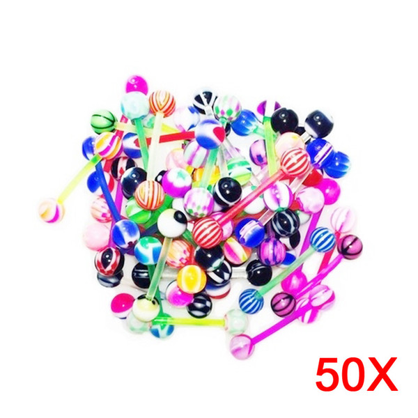 50pcs Mixed Ball Tongue Ring Navel Nipple Barbell Rings Bars Body Jewelry Piercing Random Color @CX17