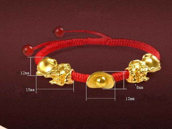 (wholesale/retail) [gold-plated] 3D hard gold yuanbao plated gold transfer beads gold red rope bracelet female style