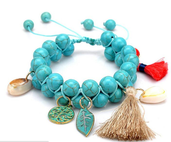 (wholesale/retail) multi - color turquoise bronze alloy shell fringe mixed with double - row women weaving hand chain Occident style