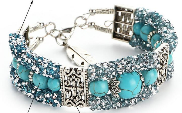 (wholesale/retail) turquoise beaded steel wire ring bright diamond bracelet vintage fashion women