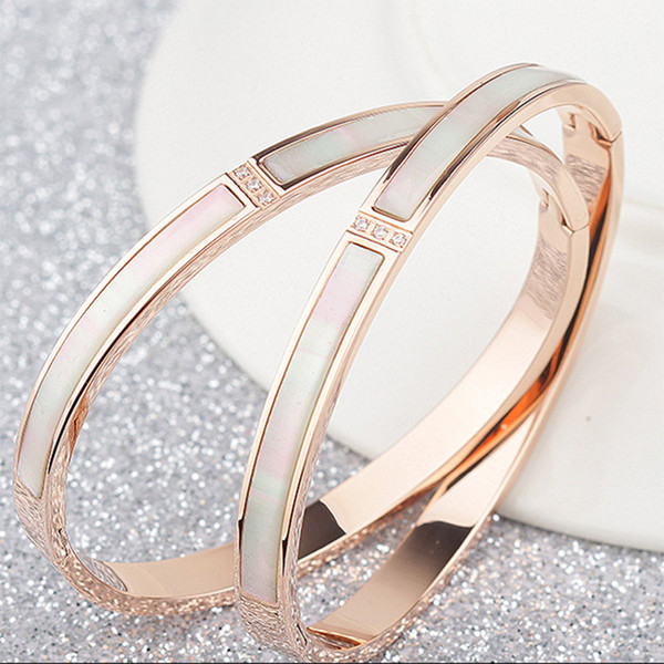 Titanium steel 18K rose gold cz diamond white shell love bangle women gold natural shell set diamond bracelet