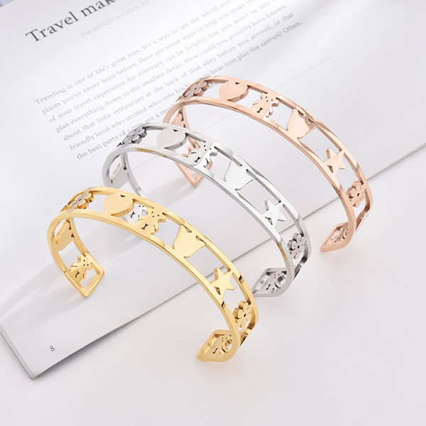 Manufacturers direct selling European and American five-pointed star flower bear titanium steel opening couple bracelet tricolor jewelry