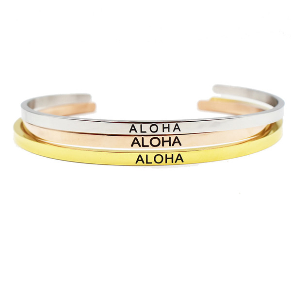 New Silver/Gold/Rosegold ALOHA Cuff Bracelet 316L Stainless Steel Engraved Positive Inspirational Quote Bangle Bracelet Jewelry